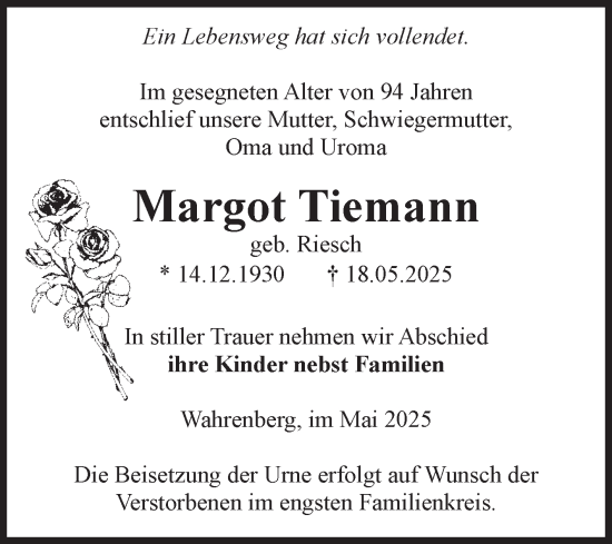 Traueranzeige von Margot Tiemann von Volksstimme Altmark Ost
