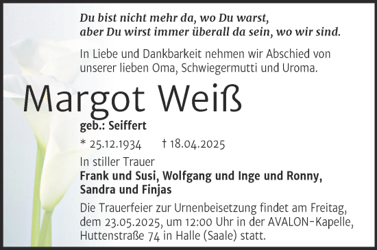 Traueranzeige von Margot Weiß von Mitteldeutsche Zeitung Halle/Saalkreis