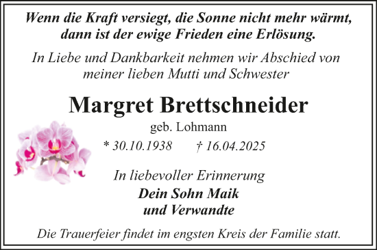 Traueranzeige von Margret Brettschneider von Trauerkombi Dessau
