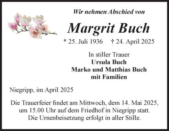 Traueranzeige von Margrit Buch von Volksstimme Burg/Genthin