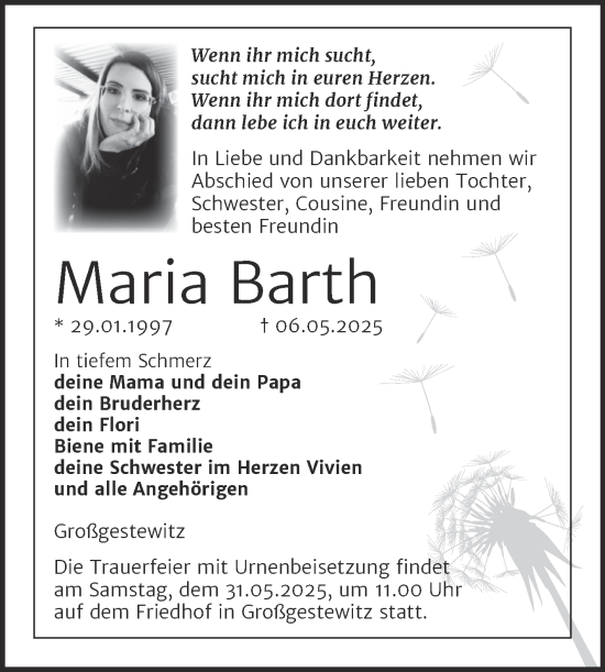 Traueranzeige von Maria Barth von Super Sonntag Naumburg/Nebra