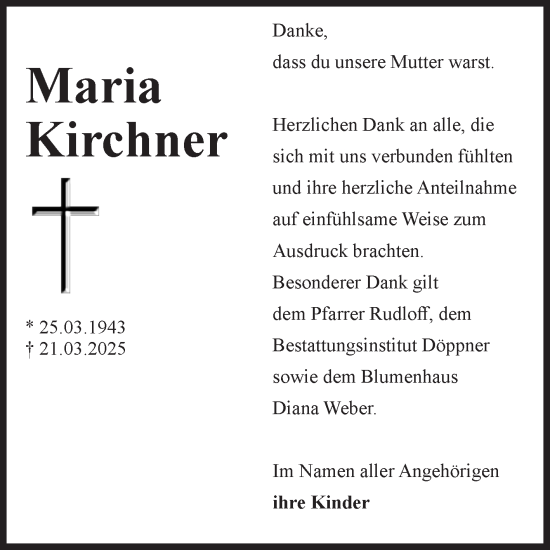 Traueranzeige von Maria Kirchner von Volksstimme Oschersleben/Wanzleben