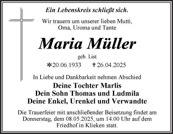 Traueranzeige von Maria Müller von Trauerkombi Wittenberg