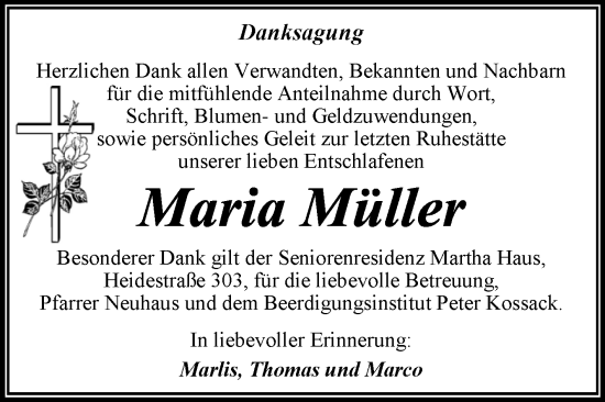Traueranzeige von Maria Müller von Trauerkombi Wittenberg