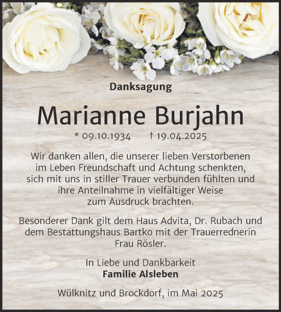 Traueranzeige von Marianne Burjahn von Trauerkombi Köthen
