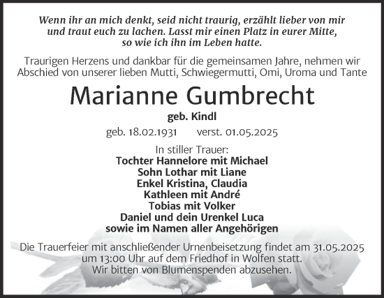 Traueranzeige von Marianne Gumbrecht von Trauerkombi Bitterfeld