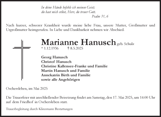 Traueranzeige von Marianne Hanusch von Volksstimme Oschersleben/Wanzleben