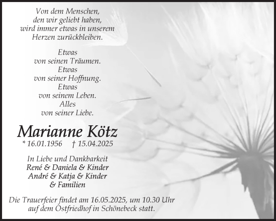 Traueranzeige von Marianne Kötz von Volksstimme Schönebeck