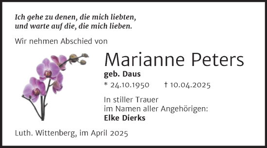 Traueranzeige von Marianne Peters von Trauerkombi Wittenberg