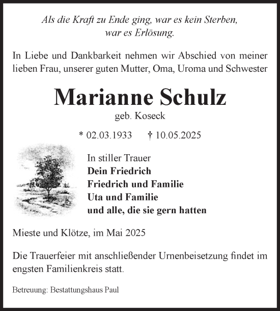 Traueranzeige von Marianne Schulz von Volksstimme Altmark West