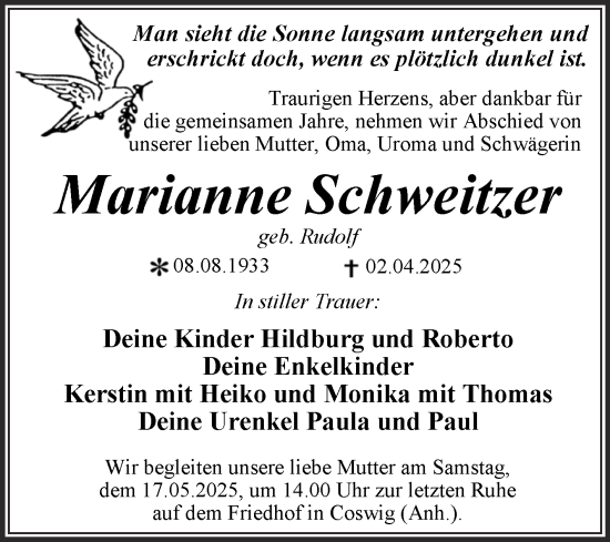 Traueranzeige von Marianne Schweitzer von Trauerkombi Wittenberg