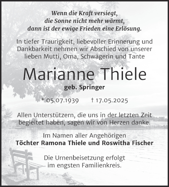Traueranzeige von Marianne Thiele von Trauerkombi Bernburg