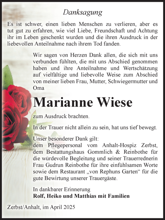 Traueranzeige von Marianne Wiese von Volksstimme Zerbst