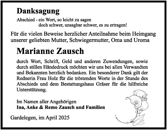 Traueranzeige von Marianne Zausch von Volksstimme Altmark West