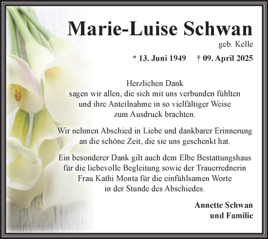 Traueranzeige von Marie-Luise Schwan von Volksstimme Oschersleben/Wanzleben