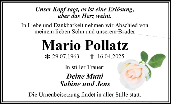 Traueranzeige von Mario Pollatz von Trauerkombi Dessau