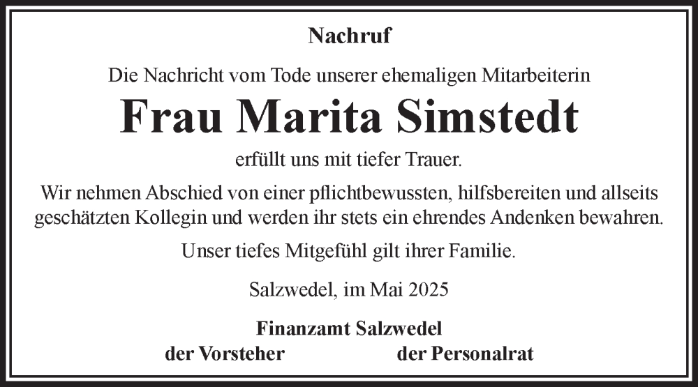  Traueranzeige für Marita Simstedt vom 20.05.2025 aus Volksstimme Altmark West