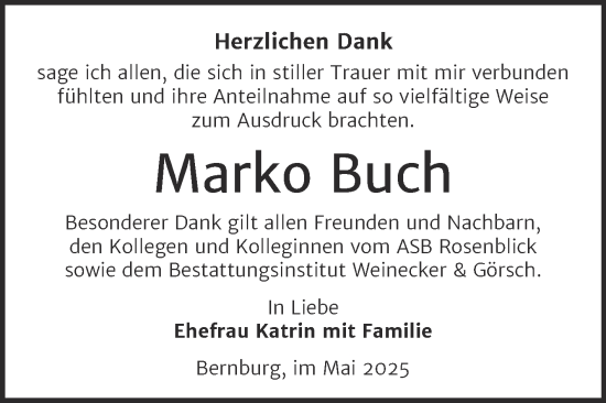 Traueranzeige von Marko Buch von Trauerkombi Bernburg