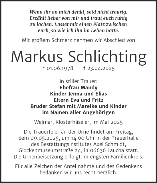 Traueranzeige von Markus Schlichting von Super Sonntag Naumburg/Nebra