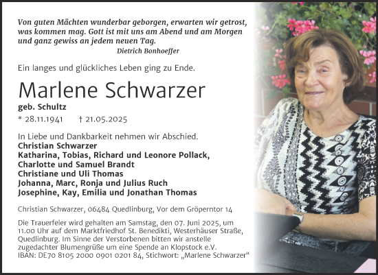 Traueranzeige von Marlene Schwarzer von Trauerkombi Quedlinburg