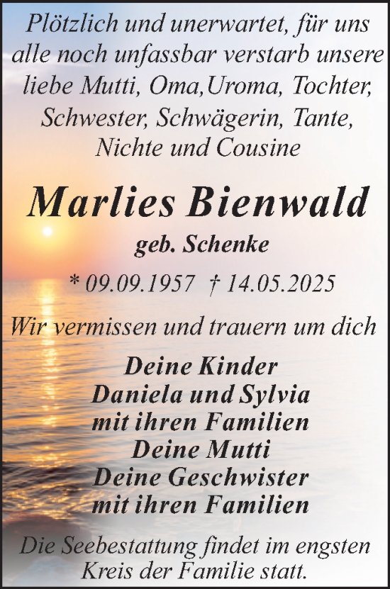 Traueranzeige von Marlies Bienwald von Trauerkombi Wittenberg