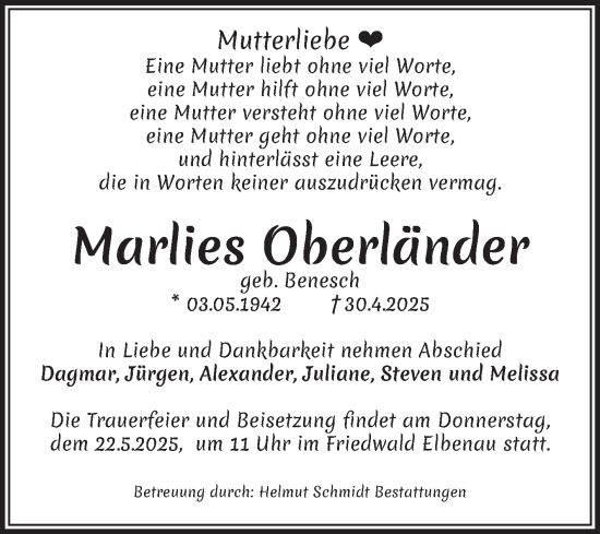 Traueranzeige von Marlies Oberländer von Volksstimme Magdeburg