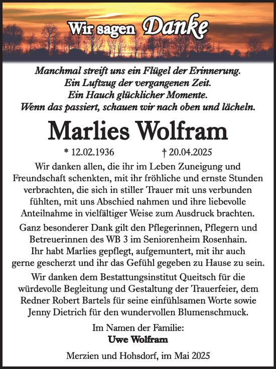 Traueranzeige von Marlies Wolfram von Trauerkombi Köthen