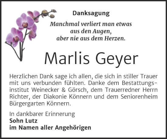 Traueranzeige von Marlis Geyer von Trauerkombi Bernburg