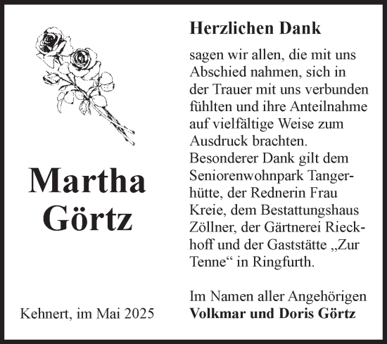 Traueranzeige von Martha Görtz von Volksstimme Altmark Ost