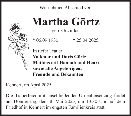Traueranzeige von Martha Görtz von Volksstimme Altmark Ost