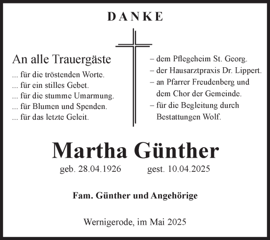 Traueranzeige von Martha Günther von Volksstimme Wernigerode