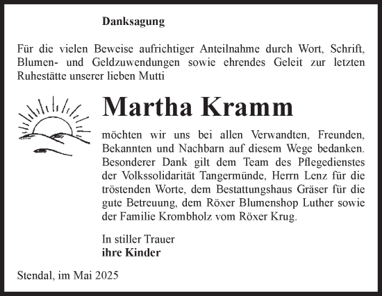 Traueranzeige von Martha Kramm von Volksstimme Altmark Ost
