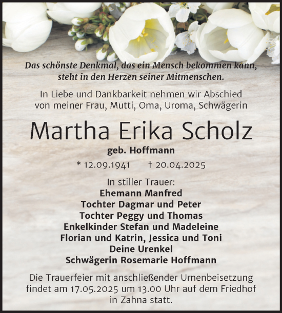 Traueranzeige von Martha  Scholz von Trauerkombi Wittenberg