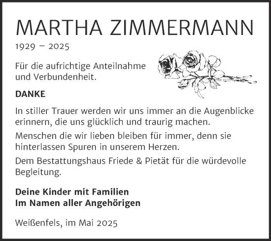 Traueranzeige von Martha Zimmermann von Trauerkombi Weißenfels