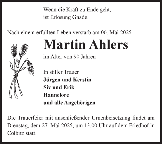 Traueranzeige von Martin Ahlers von Volksstimme Haldensleben/Wolmirstedt