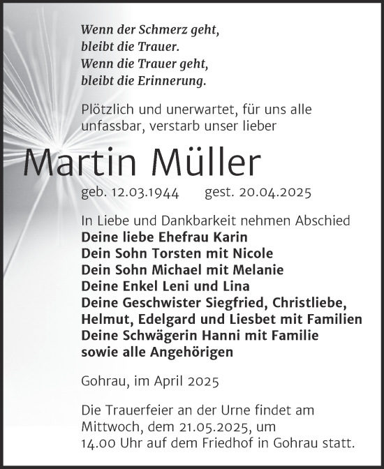 Traueranzeige von Martin Müller von Trauerkombi Wittenberg