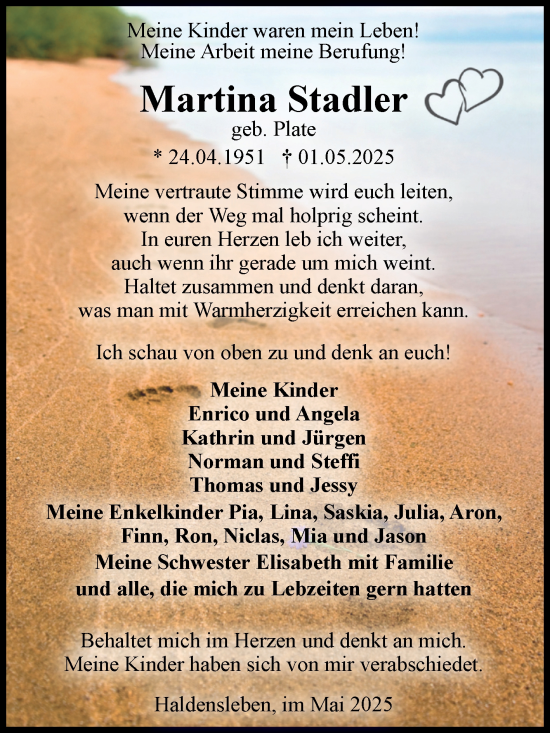 Traueranzeige von Martina Stadler von Volksstimme Haldensleben/Wolmirstedt
