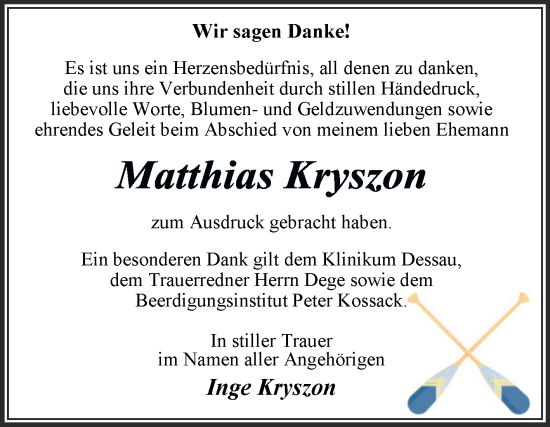 Traueranzeige von Matthias Kryszon von Trauerkombi Dessau