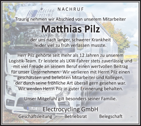 Traueranzeige von Matthias Pilz von Volksstimme Wernigerode