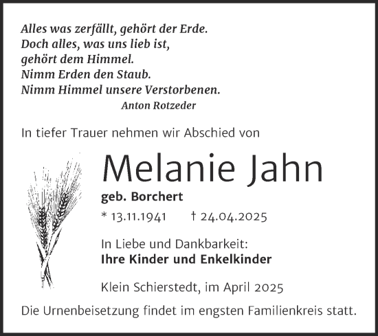 Traueranzeige von Melanie Jahn von Trauerkombi Aschersleben