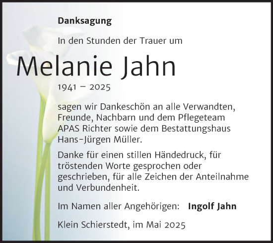 Traueranzeige von Melanie Jahn von Trauerkombi Aschersleben