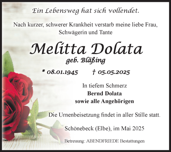 Traueranzeige von Melitta Dolata von Volksstimme Schönebeck