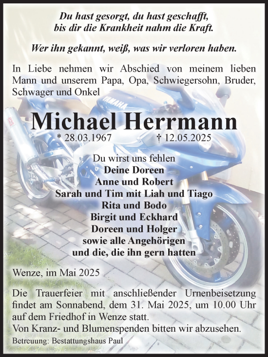 Traueranzeige von Michael Herrmann von Volksstimme Altmark West