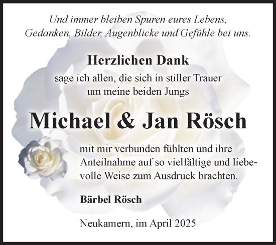 Traueranzeige von Michael und Jan Rösch von Volksstimme Altmark Ost