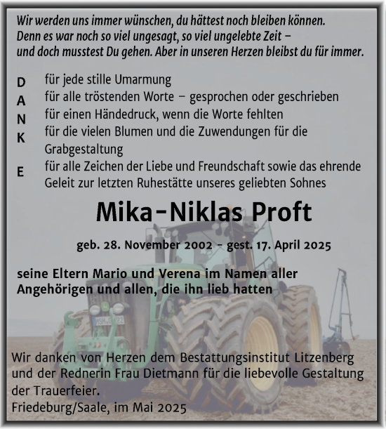 Traueranzeige von Mika-Niklas Proft von Trauerkombi Mansfelder Land