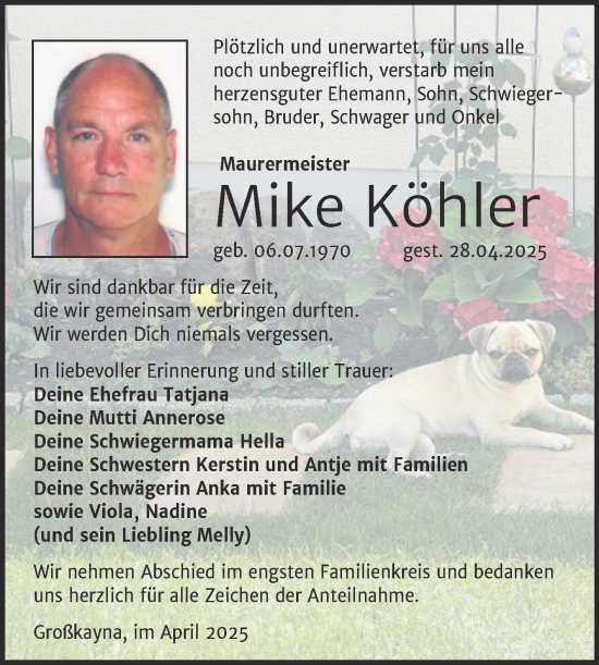 Traueranzeige von Mike Köhler von Trauerkombi Merseburg