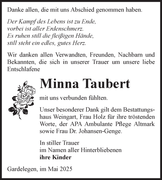 Traueranzeige von Minna Taubert von Volksstimme Altmark West