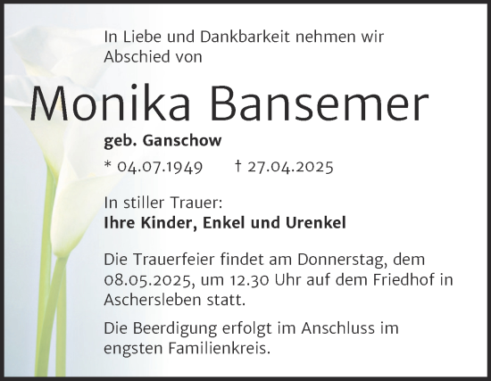 Traueranzeige von Monika Bansemer von Mitteldeutsche Zeitung Aschersleben