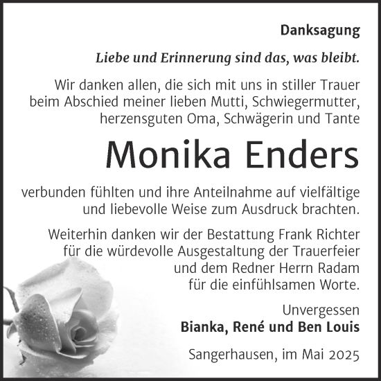 Traueranzeige von Monika Enders von Trauerkombi Sangerhausen