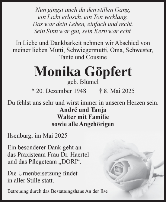 Traueranzeige von Monika Göpfert von Volksstimme Wernigerode